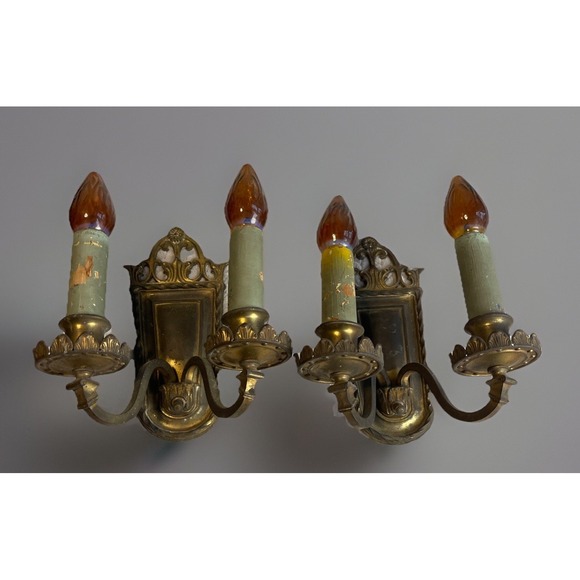 Antique Wall Sconces Pair Double Candle Gothic Cathedral Rare